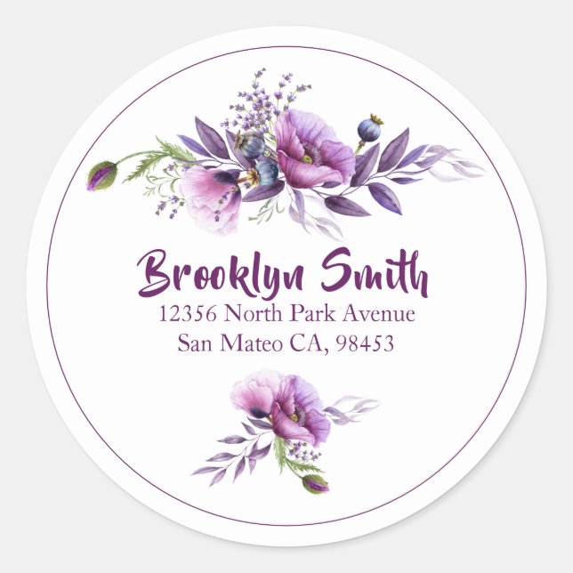 Sticker Rond Belles Poppies violettes Adresse Enveloppe Sceau (Devant)
