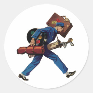 Sticker Rond Bellhop vintage en Uniform, Suitcase et Golf Club