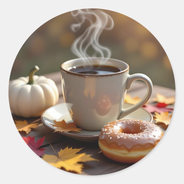 Sticker Rond Bénédictions d'automne, café chaud et beignet (Devant)