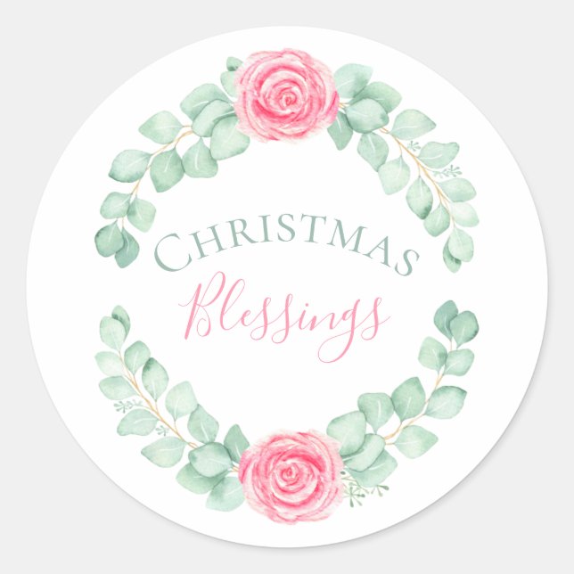 Sticker Rond Bénédictions de Noël Fleurs Eucalyptus Aquarelle (Devant)