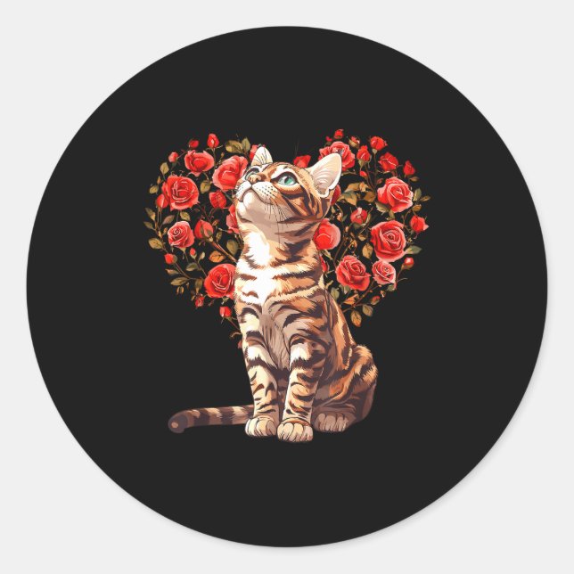 Sticker Rond Bengal Cat Valentines Day Floral Heart Design For  (Devant)