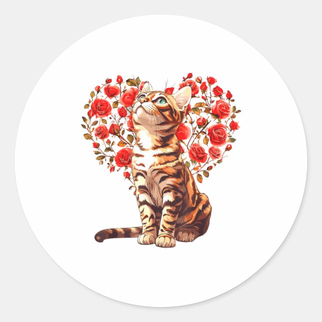 Sticker Rond Bengal Cat Valentines Day Floral Heart Design For  (Devant)