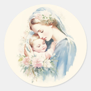 Sticker Rond Béni Mère Marie Bébé Jésus Pastel Religieux