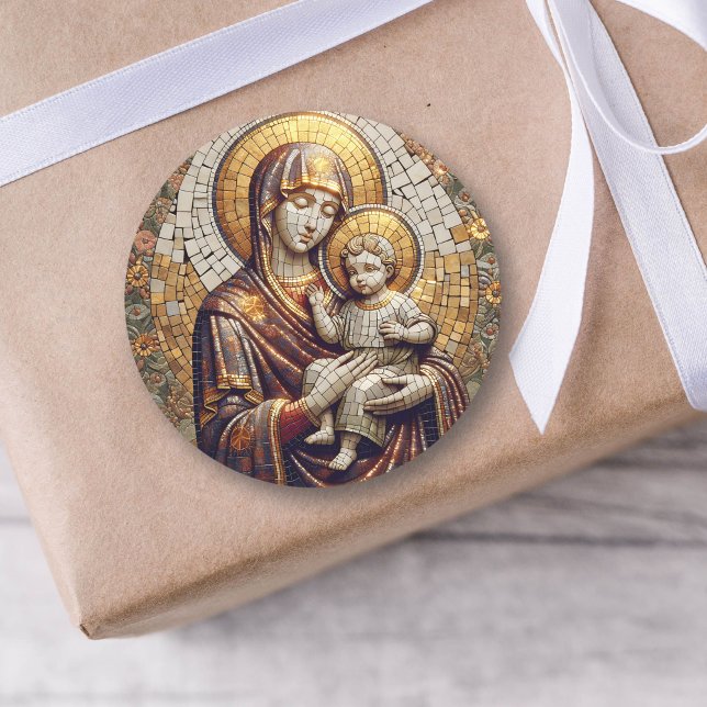Sticker Rond Béni Mère Marie et Bébé Jésus | Noël (Créateur téléchargé)