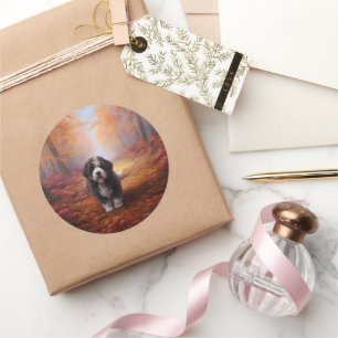 Sticker Rond Bernedoodle en automne, feuilles tombées inspirent