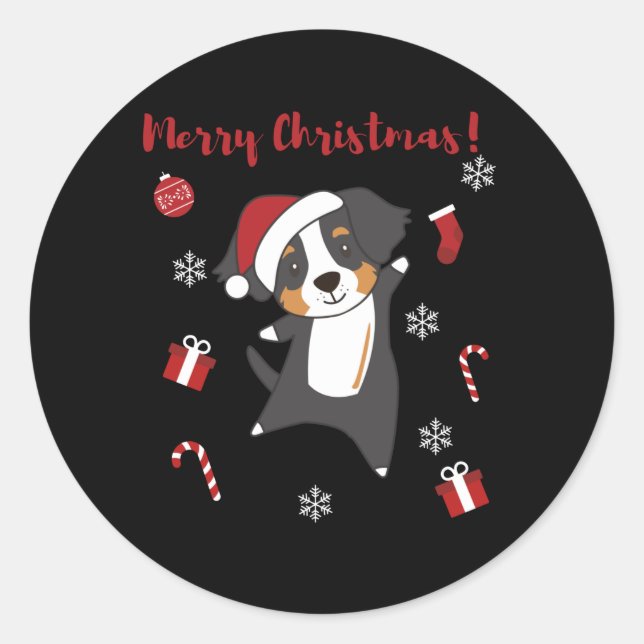 Sticker Rond Bernese Joyeux Noël Joyeux Chiens de Noël (Devant)