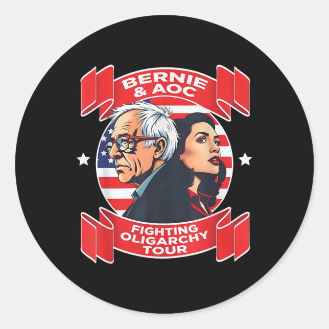 Sticker Rond Bernie &amp; Aoc Combattre l'Oligarchie Tour (Devant)