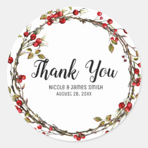 Sticker Rond Berries à canneberge rustique Fête Wreath Favorise