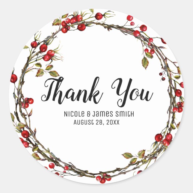 Sticker Rond Berries à canneberge rustique Fête Wreath Favorise (Devant)