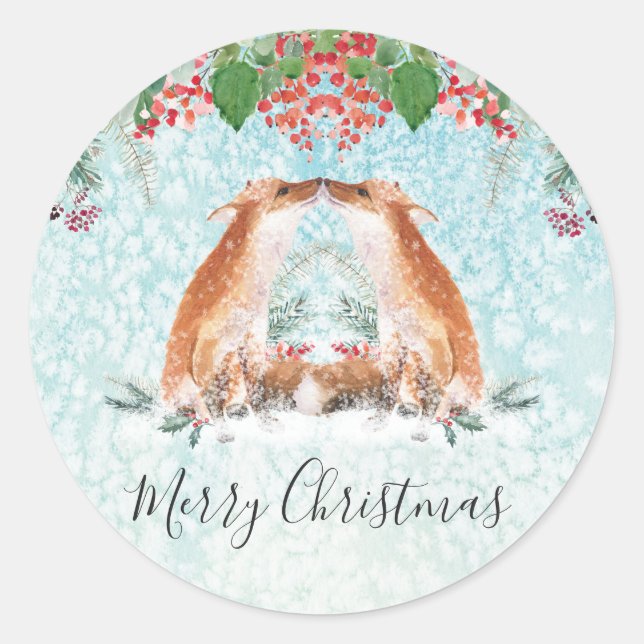 Sticker Rond Berries d'hiver Woodland Fox Joyeux Noël Classi (Devant)
