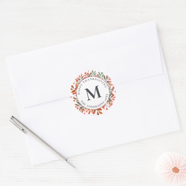 Sticker Rond Berries rouges et Feuilles verts Monogramme (Enveloppe)