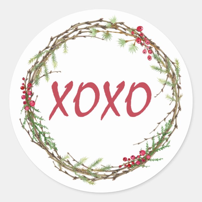 Sticker Rond Berries vertes hiver Wreath Noël XOXO (Devant)