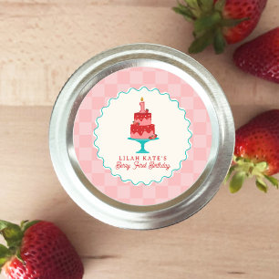 Sticker Rond Berry 1er Anniversaire Fraise Cake Checkerboard