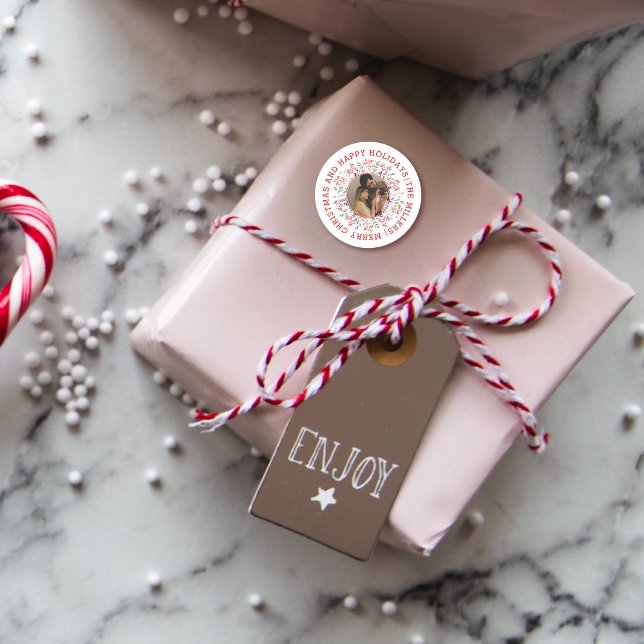 Sticker Rond Berry, feuille rouge Joyeuses Fêtes de Noël photo (Créateur téléchargé)