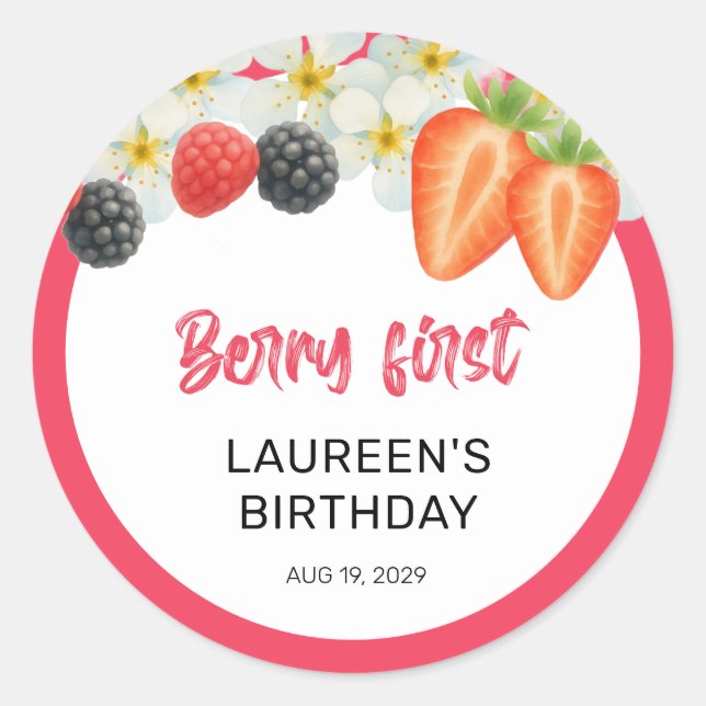 Sticker Rond Berry First 1st Birthday (Devant)