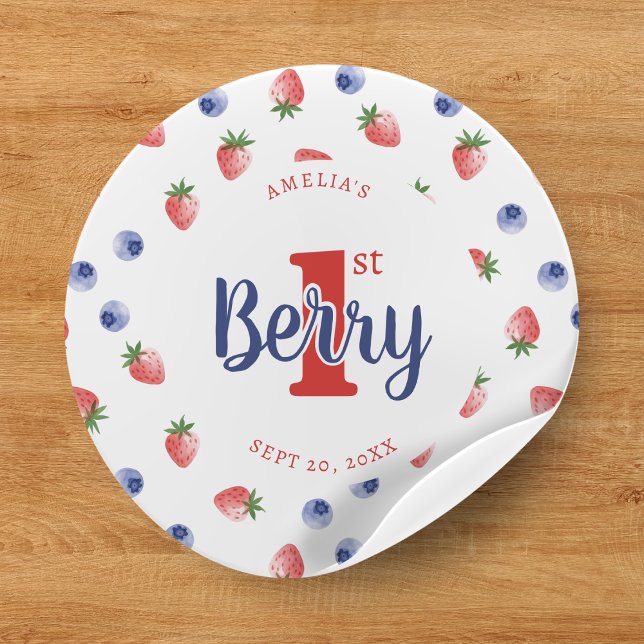 Sticker Rond Berry First Birday Party fraise et bleuet (Berry First Birthday Party Strawberry & Blueberry Classic Round Sticker
)