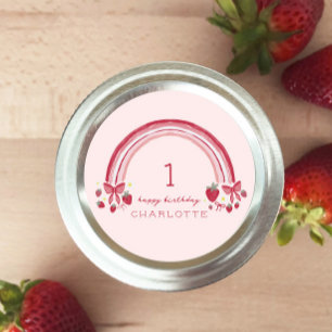 Sticker Rond Berry First Birday Rainbow Strawberry Bows