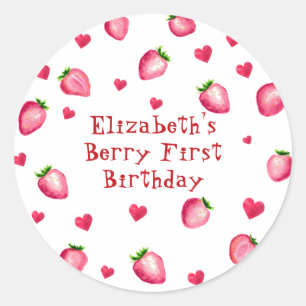 Sticker Rond Berry First Birthday Strawberry Party Coeurs