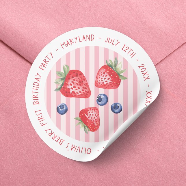 Sticker Rond Berry First Strawberries Fille 1er anniversaire fê (Strawberries Baby Girl Berry First 1st Birthday Party Classic Round Sticker)