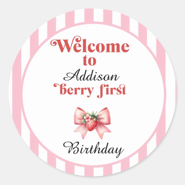 Sticker Rond Berry First Strawberry et bow Anniversaire (Devant)