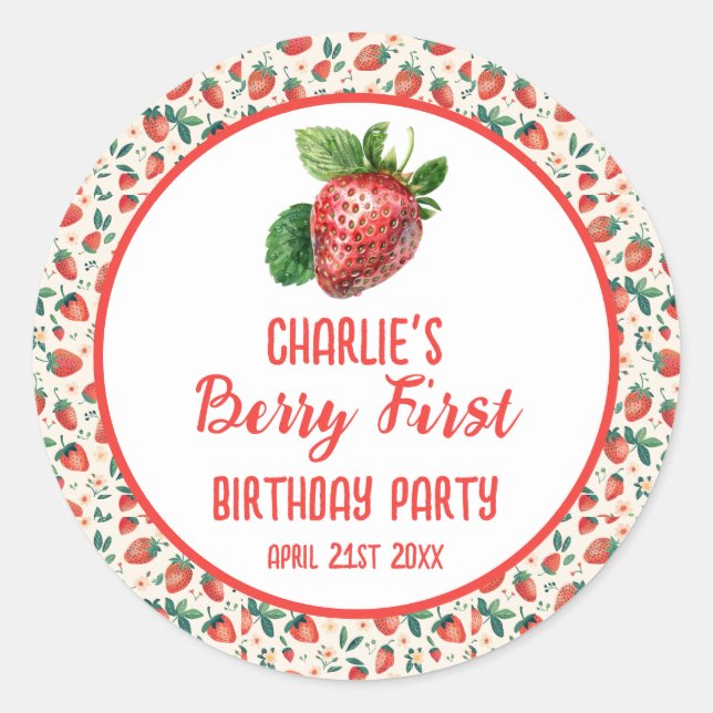 Sticker Rond Berry First Strawberry Girl 1er anniversaire fête (Devant)