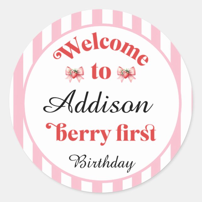 Sticker Rond Berry fraise et arc Premier anniversaire (Devant)