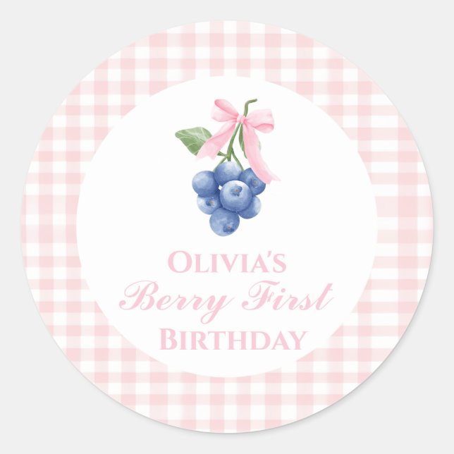 Sticker Rond Berry premier anniversaire bleu Bow rose En vichy (Devant)