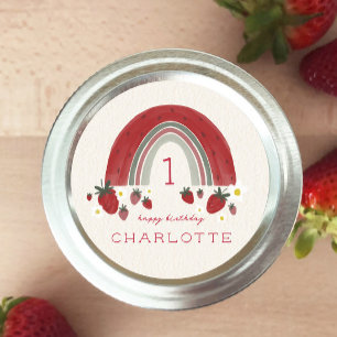 Sticker Rond Berry Premier anniversaire fraise arc-en-ciel Flor