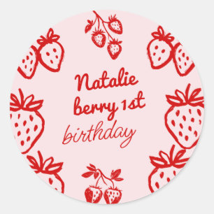Sticker Rond Berry rose 1er Main Fraise Fille Anniversaire