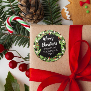 Sticker Rond Berry rouge floral vert Wreath Joyeux Noël