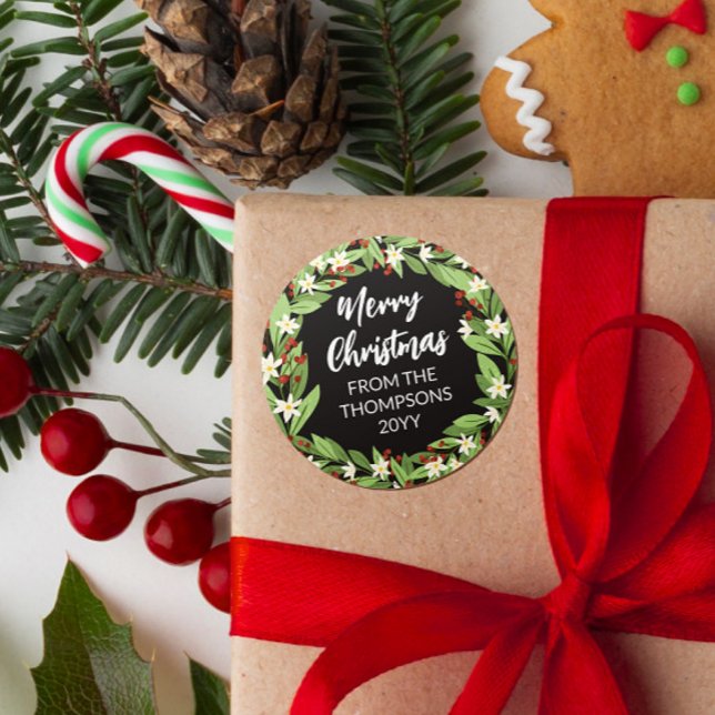 Sticker Rond Berry rouge floral vert Wreath Joyeux Noël (Créateur téléchargé)