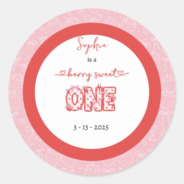 Sticker Rond Berry Rouge rose Sweet One Girl 1er anniversaire (Devant)