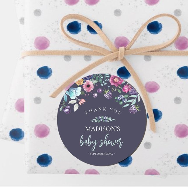 Sticker Rond Berry Sweet Blueberry & Flowers Baby shower (#blueberry #babyshower #navy #winterbabyshower #blueberrysticker #blueberryfavor)