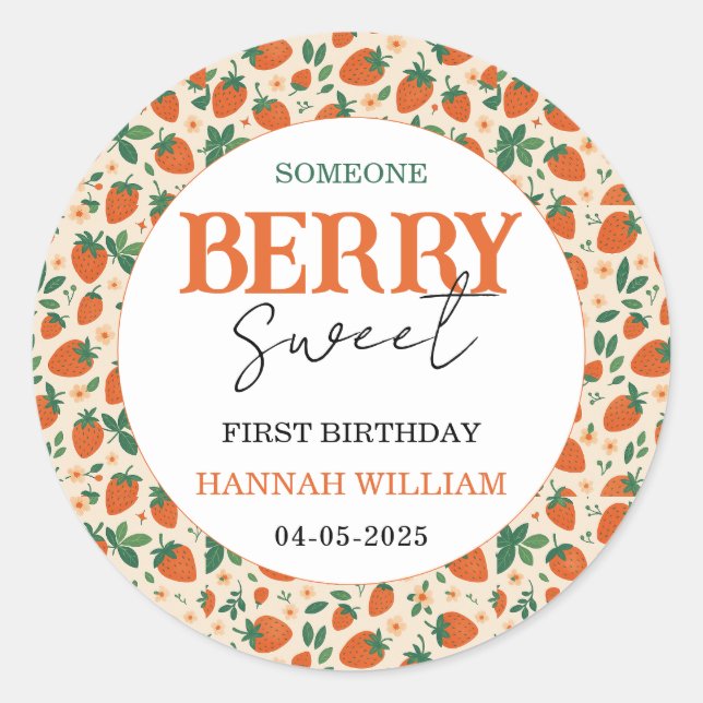 Sticker Rond Berry Sweet Strawberry 1st Birthday Party (Devant)