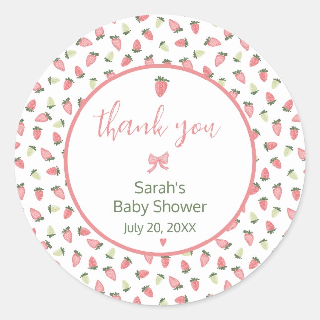Sticker Rond Berry Sweet Strawberry Baby Shower Thank You (Devant)