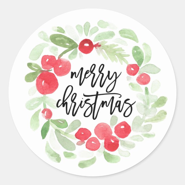 Sticker Rond Berry Wreath Joyeux Noël Aquarelle Script (Devant)