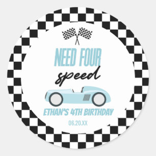 Sticker Rond Besoin de quatre Speed Blue Race Car 4e fête d'ann