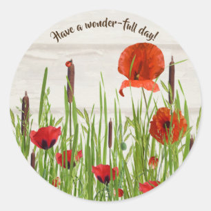 Sticker Rond bestiole de dame sur des coquelicots rouges avec d