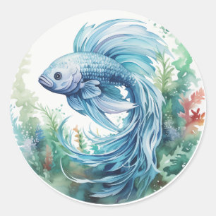 Sticker Rond Bêta bleu Poisson Algues vertes