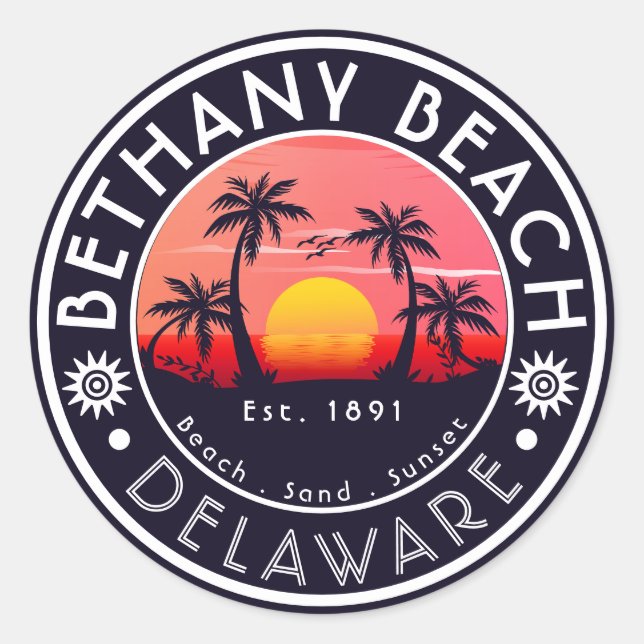 Sticker Rond Bethany Beach Delaware Sunset Beach Palm Tree 80's (Devant)