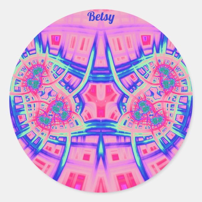 Sticker Rond BETSY ~ Bleu rose et vert BRIGHT AMUSANT! ~ (Devant)