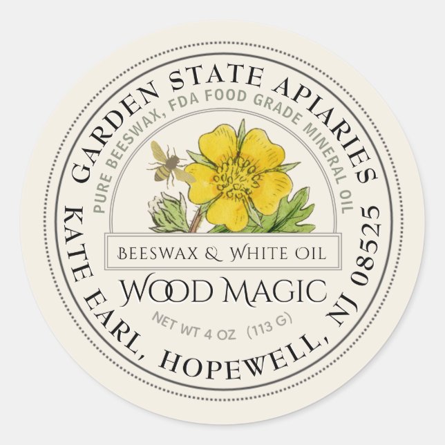 Sticker Rond Beurre de bois de cire d'abeille avec fleur Vintag (Devant)