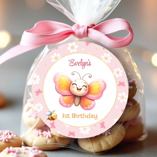 Sticker Rond Beurre mignon rose florale fille 1er anniversaire (Cute Butterfly Pink Floral Girl 1st Birthday Classic Round Sticker)
