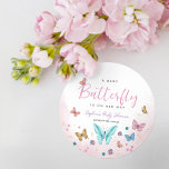 Sticker Rond Beurre mignonne Whimsical Girls Baby shower rose<br><div class="desc">Ce design autocollant mignon et girly baby shower dispose d'un design de papillon d'aquarelle rose magique,  avec papillons et fleurs,  et peut être personnalisé avec votre propre texte et date dans une typographie fantasque. Le design parfait violet et rose pour votre baby shower.</div>