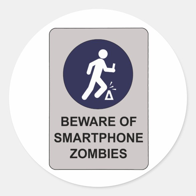 Sticker Rond Beware of Smartphone Zombie Sign (Devant)