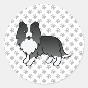 Sticker Rond Bi-Black Shetland Sheepdog Sheltie Cartoon Chien