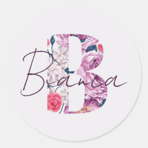 Sticker Rond Bianca Baby Name Flower Script Vintage Floral B