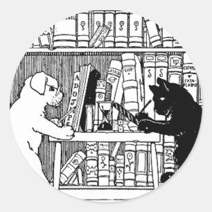 Sticker Rond Bibliothèque Chaton et Chien de Style Ancien, Litt