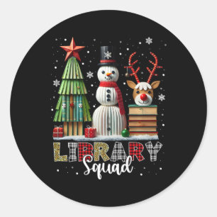 Sticker Rond Bibliothèque de Noël Livres Noël Arbre de Noël Sno