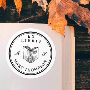 Sticker Rond Bibliothèque Monogramme classique de livres ouvert